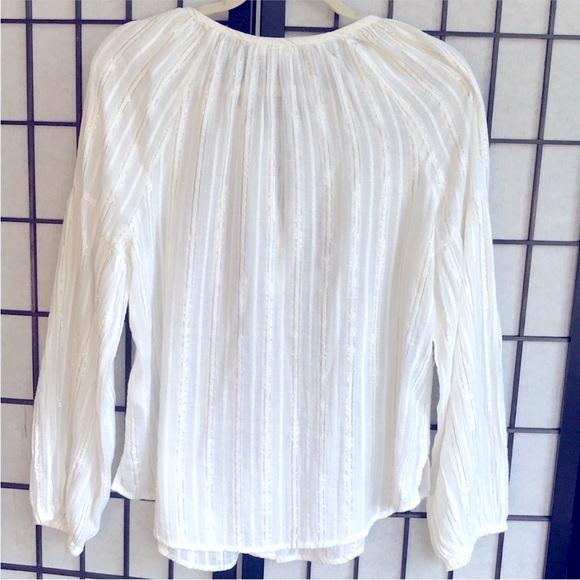 Boho Cotton Balloon Sleeve Metallic Stripe Cottagecore Blouse Ivory Off-white M - Picture 4 of 11